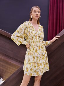 SHEIN VCAY Tie Dye Lantern Sleeve Shirred Waist Dress - Multicolor - View 5