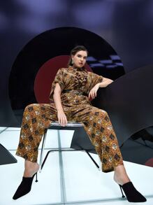 Mulvari Plus Geo & Paisley Print Ruffle Trim Roll Tab Sleeve Jumpsuit Without Belt - Multicolor - View 2