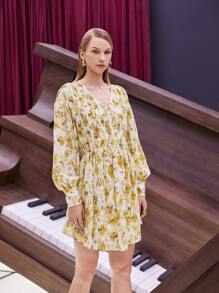 SHEIN VCAY Tie Dye Lantern Sleeve Shirred Waist Dress - Multicolor - View 6