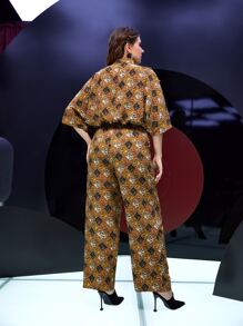 Mulvari Plus Geo & Paisley Print Ruffle Trim Roll Tab Sleeve Jumpsuit Without Belt - Multicolor - View 3