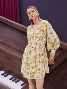 SHEIN VCAY Tie Dye Lantern Sleeve Shirred Waist Dress - Multicolor - View 7