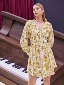 SHEIN VCAY Tie Dye Lantern Sleeve Shirred Waist Dress - Multicolor - View 8