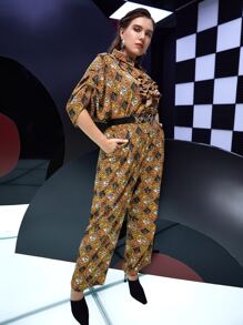Mulvari Plus Geo & Paisley Print Ruffle Trim Roll Tab Sleeve Jumpsuit Without Belt - Multicolor - View 4
