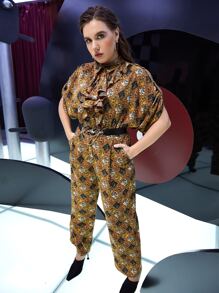 Mulvari Plus Geo & Paisley Print Ruffle Trim Roll Tab Sleeve Jumpsuit Without Belt - Multicolor - View 5