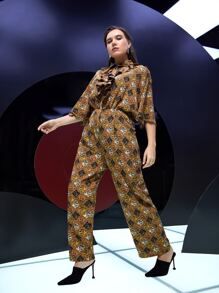 Mulvari Plus Geo & Paisley Print Ruffle Trim Roll Tab Sleeve Jumpsuit Without Belt - Multicolor - View 6