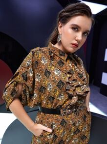 Mulvari Plus Geo & Paisley Print Ruffle Trim Roll Tab Sleeve Jumpsuit Without Belt - Multicolor - View 7