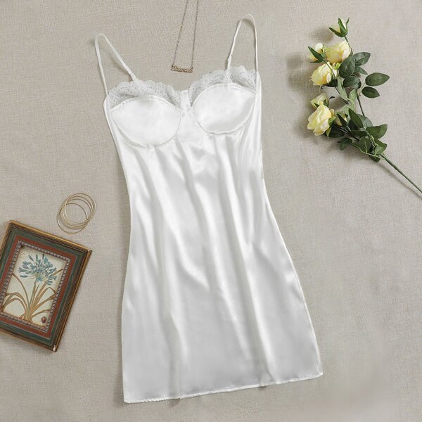 

Plus Lace Trim Satin Slip Sleepdress, White