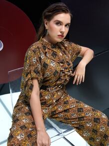 Mulvari Plus Geo & Paisley Print Ruffle Trim Roll Tab Sleeve Jumpsuit Without Belt - Multicolor - View 8