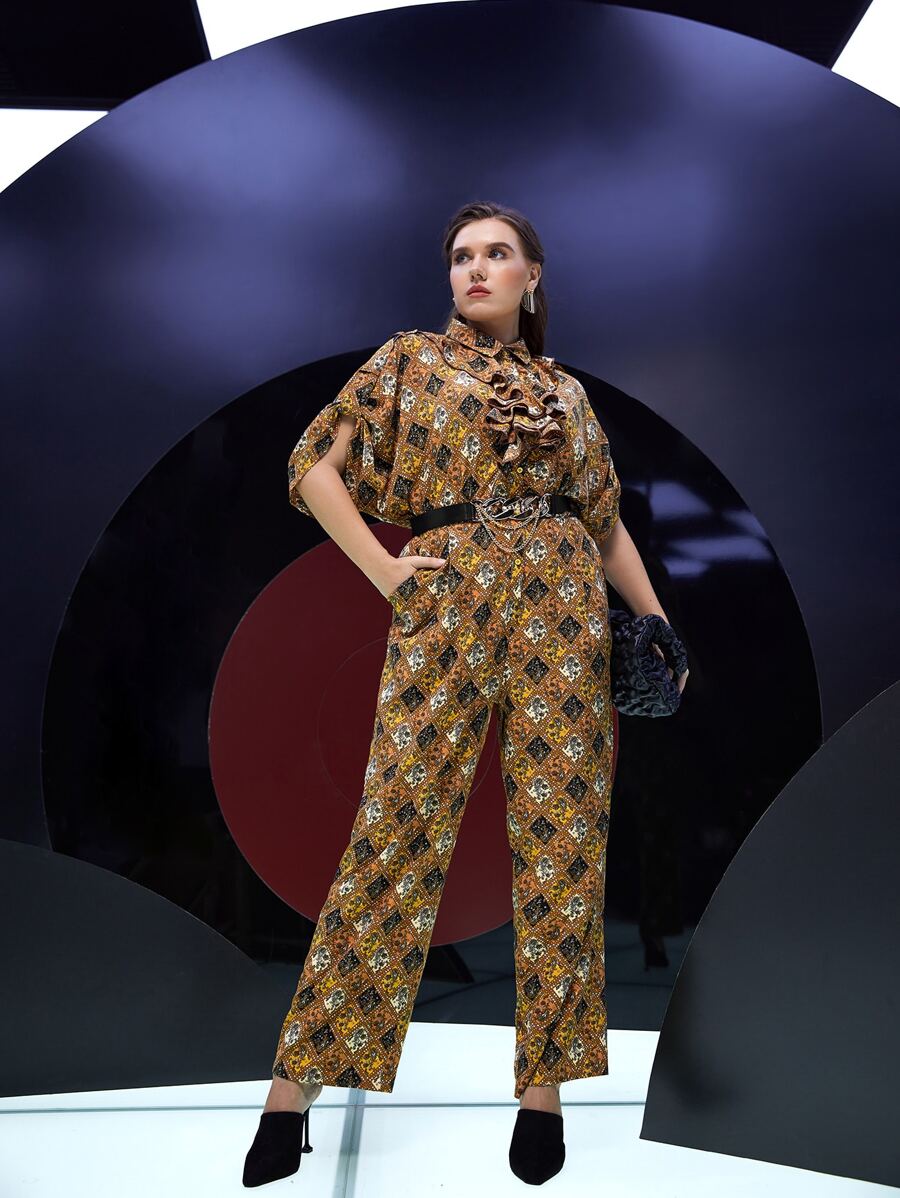 Mulvari Plus Geo & Paisley Print Ruffle Trim Roll Tab Sleeve Jumpsuit Without Belt - Multicolor - View 1