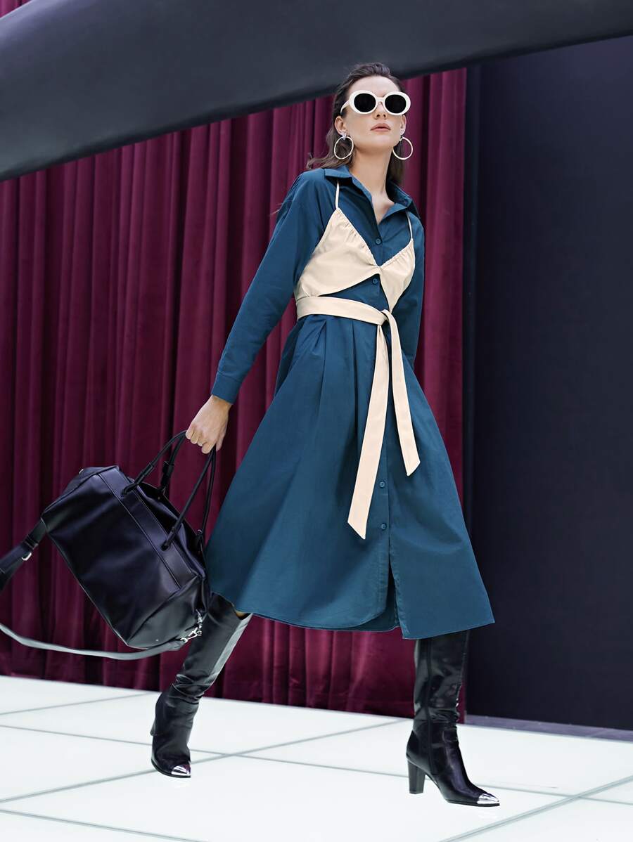 SHEIN 落肩袖褶皺襯衫連衣裙不附帶吊帶 - 藏蓝色 - 查看 1