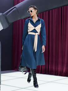 SHEIN 落肩袖褶皺襯衫連衣裙不附帶吊帶 - 藏蓝色 - 查看 2