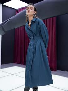 SHEIN 落肩袖褶皺襯衫連衣裙不附帶吊帶 - 藏蓝色 - 查看 4