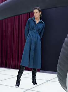 SHEIN 落肩袖褶皺襯衫連衣裙不附帶吊帶 - 藏蓝色 - 查看 5