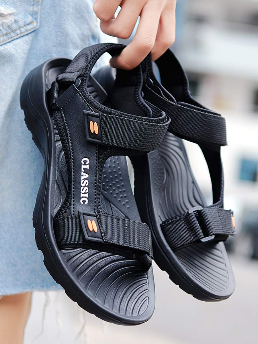 Men Letter Graphic Hook-And-Loop Flat Shoes, Fastener Strap Sport Sandals Men Vacation