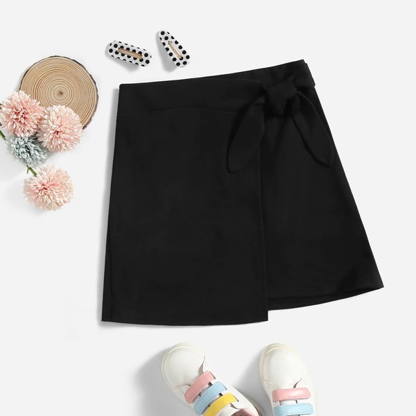 

Girls Solid Wrap Knot Side Skirt, Black