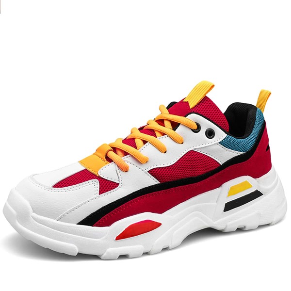 

Men Colorblock Breathable Lace-up Front Sneakers, Red and white