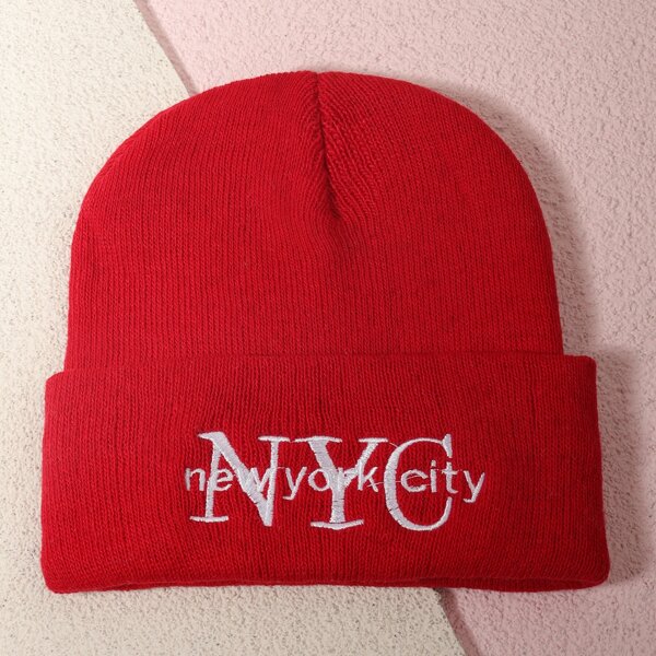 

Letter Embroidered Knitted Hat, Red