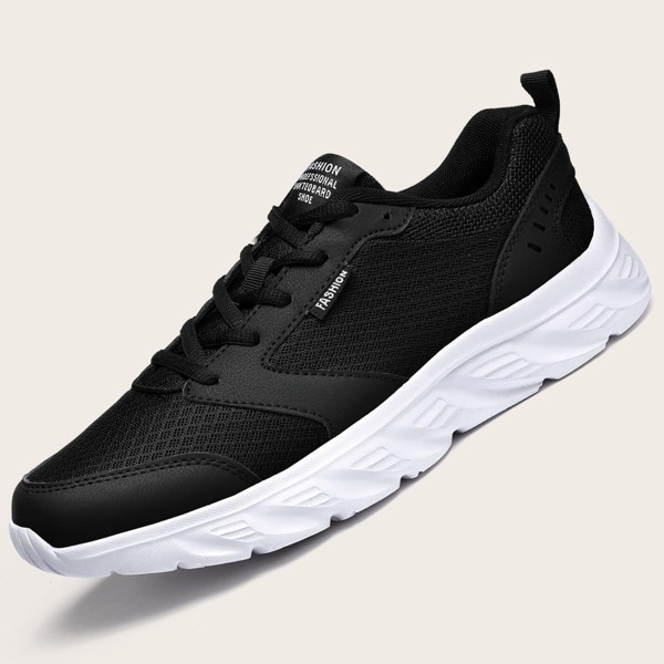 

Men Knit Detail Lace-up Front Running Shoes, Black and white