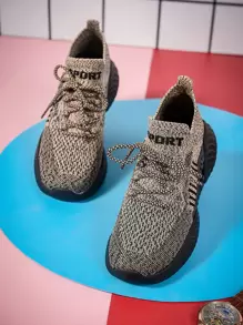 Knit Detail Lace-up Front Running Shoes - Khaki - View 1