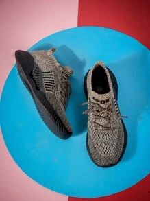 Knit Detail Lace-up Front Running Shoes - Khaki - View 2