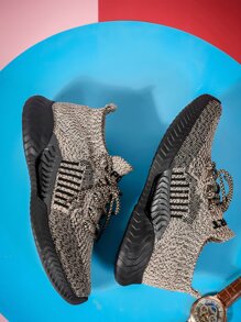 Knit Detail Lace-up Front Running Shoes - Khaki - View 3