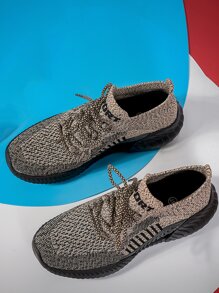 Knit Detail Lace-up Front Running Shoes - Khaki - View 4