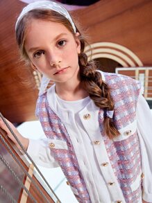 SHEIN 女孩格紋圖案紐扣細節粗花呢不帶襯衫夾克背心 - 彩色 - 查看 3