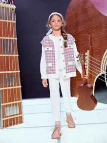 SHEIN 女孩格紋圖案紐扣細節粗花呢不帶襯衫夾克背心 - 彩色 - 查看 4