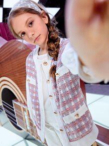 SHEIN 女孩格紋圖案紐扣細節粗花呢不帶襯衫夾克背心 - 彩色 - 查看 6