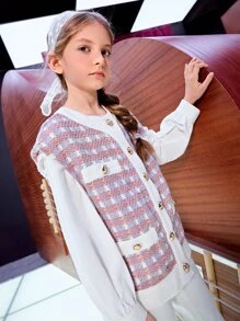 SHEIN 女孩格紋圖案紐扣細節粗花呢不帶襯衫夾克背心 - 彩色 - 查看 7