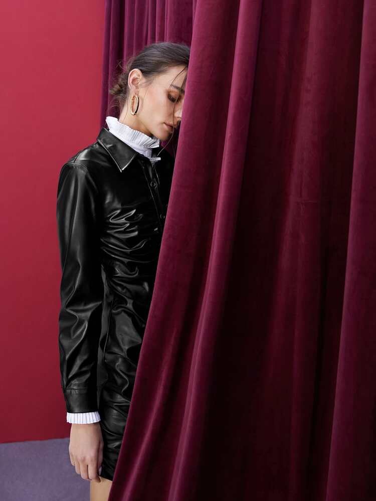 SHEINNeu Ruched Front Button Up PU Leather Dress - Black - View 8