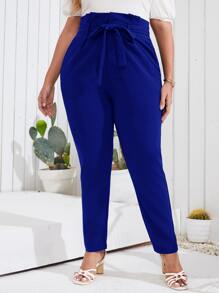 Mulvari 大碼素色斜口袋腰帶長褲 - 寶藍色 - 查看 4