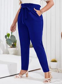 Mulvari 大碼素色斜口袋腰帶長褲 - 寶藍色 - 查看 5