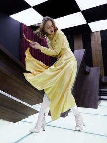 SHEIN Unity Draped Collar Asymmetrical Split Hem Dress Without Belt - Yellow - View 4