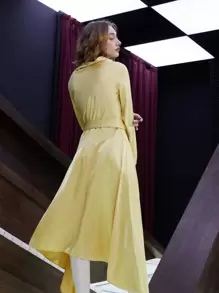 SHEIN Unity Draped Collar Asymmetrical Split Hem Dress Without Belt - Yellow - View 5