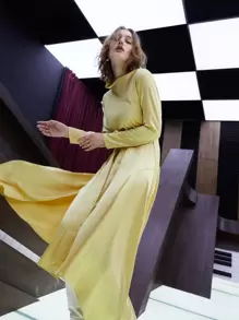 SHEIN Unity Draped Collar Asymmetrical Split Hem Dress Without Belt - Yellow - View 2