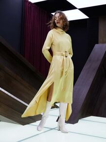 SHEIN Unity Draped Collar Asymmetrical Split Hem Dress Without Belt - Yellow - View 1