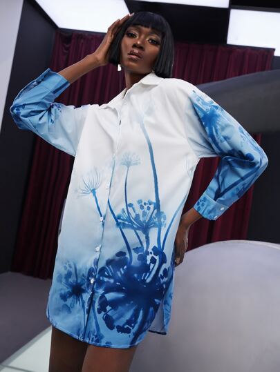 SHEINNeu Vestido camisero con estampado de planta de ombré de hombros caídos con botón delantero