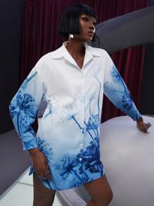 SHEINNeu Đầm Bất đối xứng Nút phía trước Thực vật Giải trí - Xanh và trắng - Xem 6