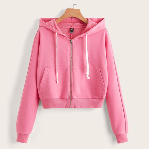 

Solid Drawstring Zipper Fly Hoodie, Pink