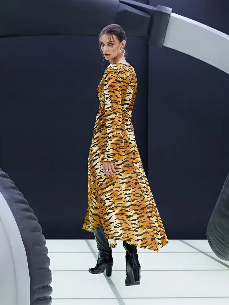 Tiger Skin Print Twist Front Satin Dress