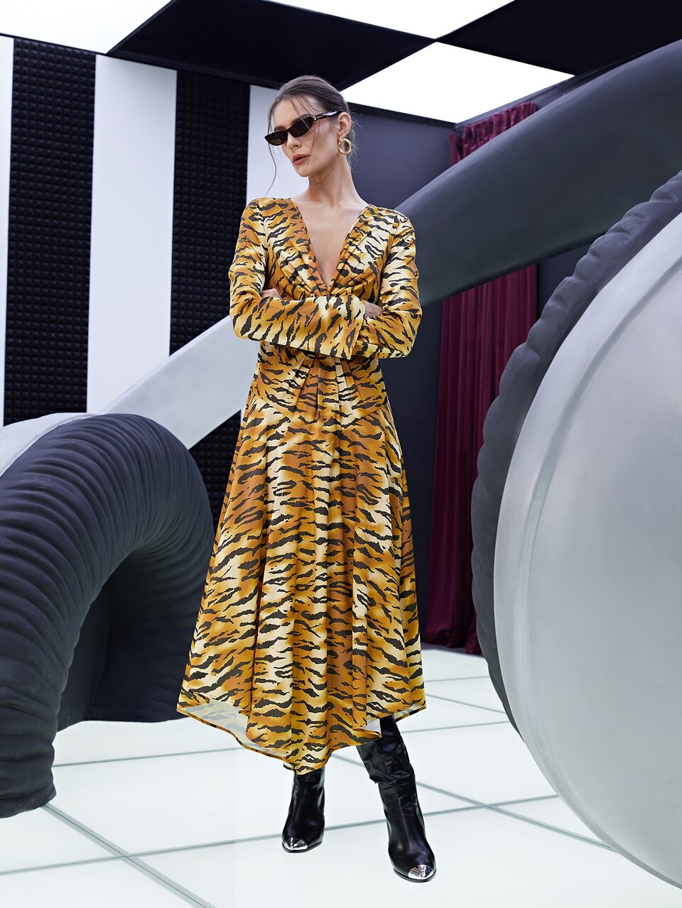 Tiger Skin Print Twist Front Satin Dress