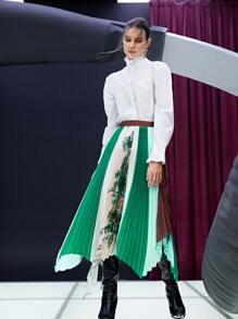 SHEIN Unity Tartan & Tree Print Colourblock Hanky Hem Pleated Skirt - Multicolor - View 3