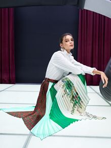 SHEIN Unity Tartan & Tree Print Colourblock Hanky Hem Pleated Skirt - Multicolor - View 4