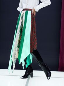 SHEIN Unity Tartan & Tree Print Colourblock Hanky Hem Pleated Skirt - Multicolor - View 5