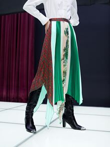 SHEIN Unity Tartan & Tree Print Colourblock Hanky Hem Pleated Skirt - Multicolor - View 1