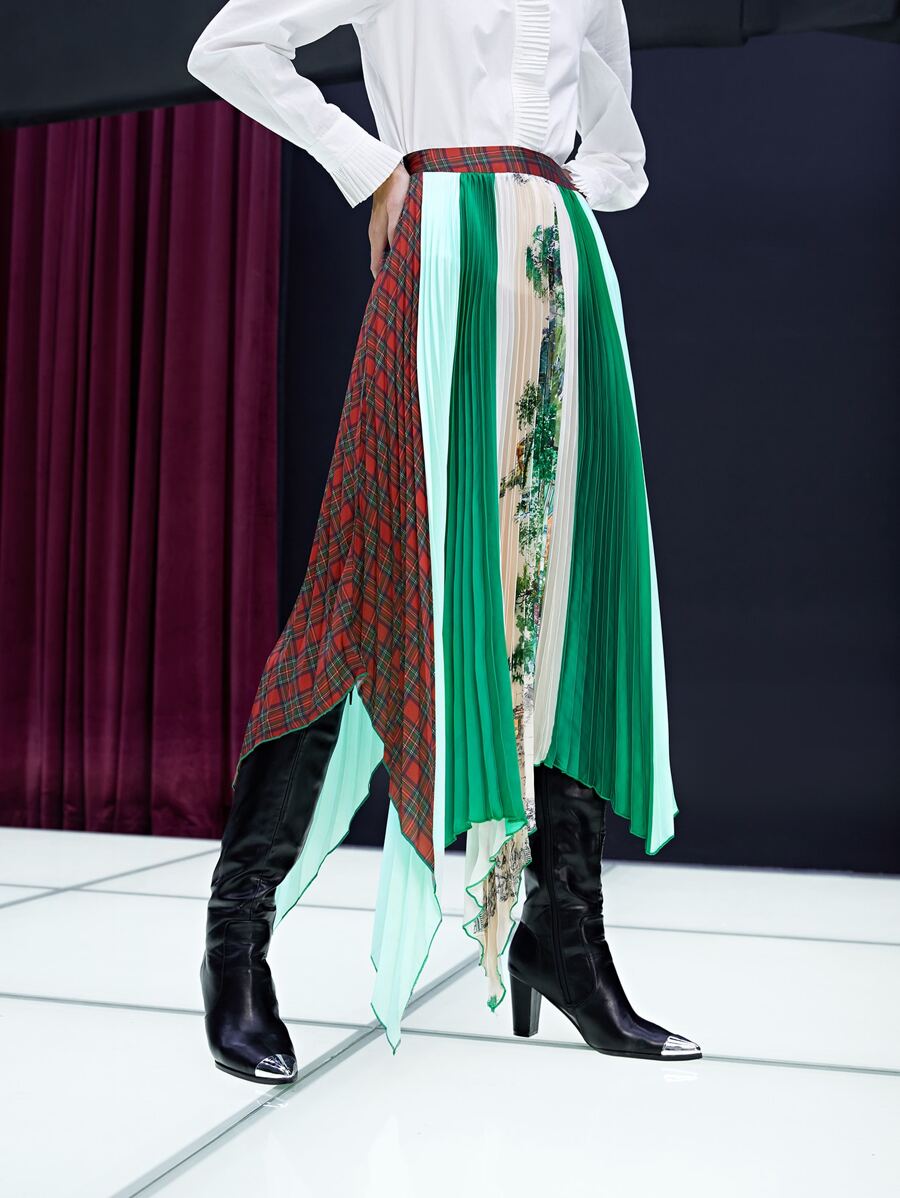 SHEIN Unity Tartan & Tree Print Colourblock Hanky Hem Pleated Skirt - Multicolor - View 1