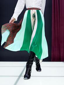 SHEIN Unity Tartan & Tree Print Colourblock Hanky Hem Pleated Skirt - Multicolor - View 6