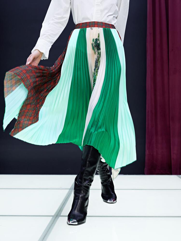 SHEIN Unity Tartan & Tree Print Colourblock Hanky Hem Pleated Skirt - Multicolor - View 6