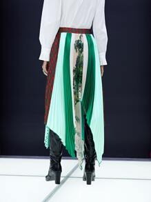 SHEIN Unity Tartan & Tree Print Colourblock Hanky Hem Pleated Skirt - Multicolor - View 2